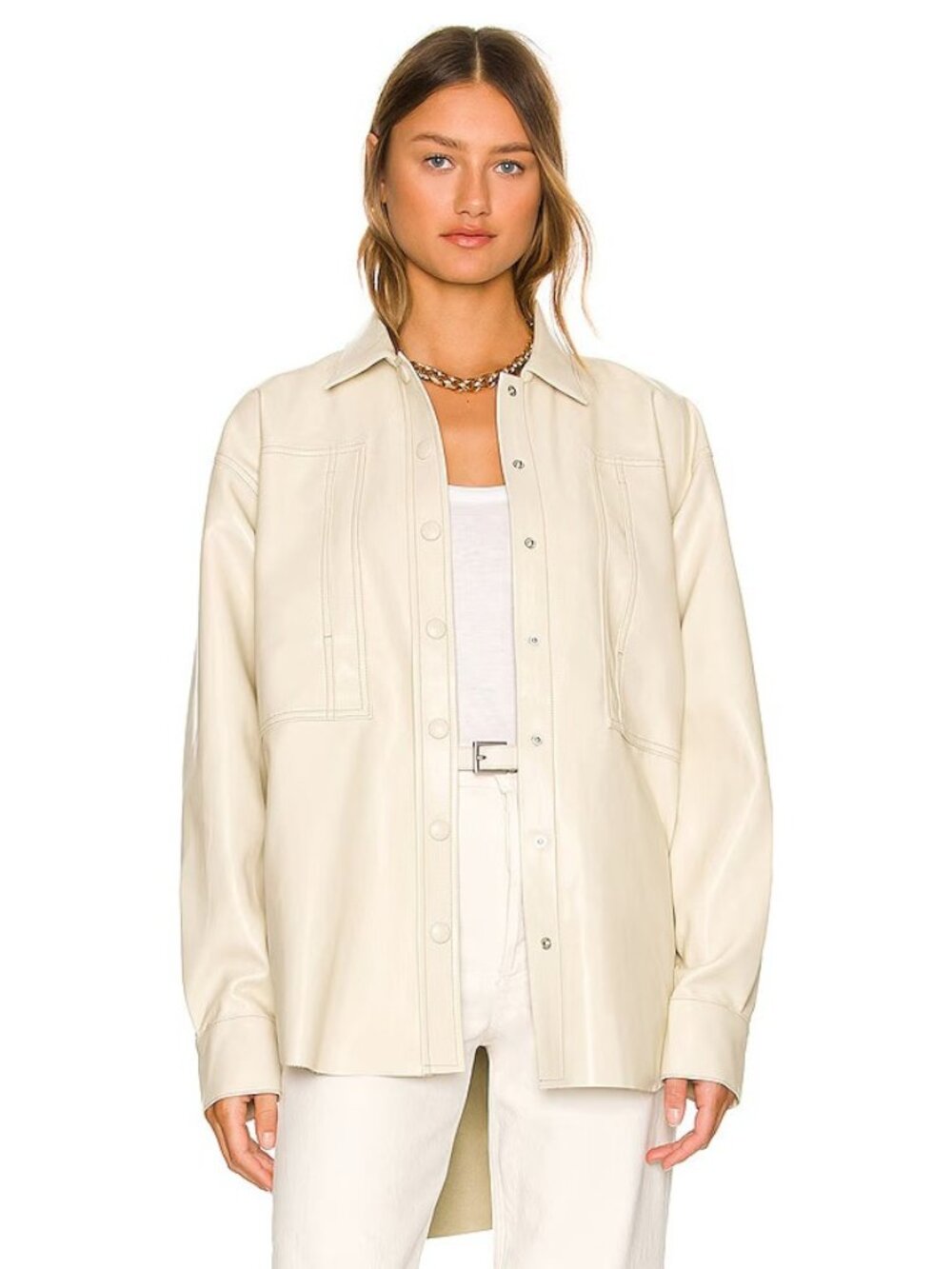 AGOLDE Utility Vegan Leather Shirt in Powder Beige